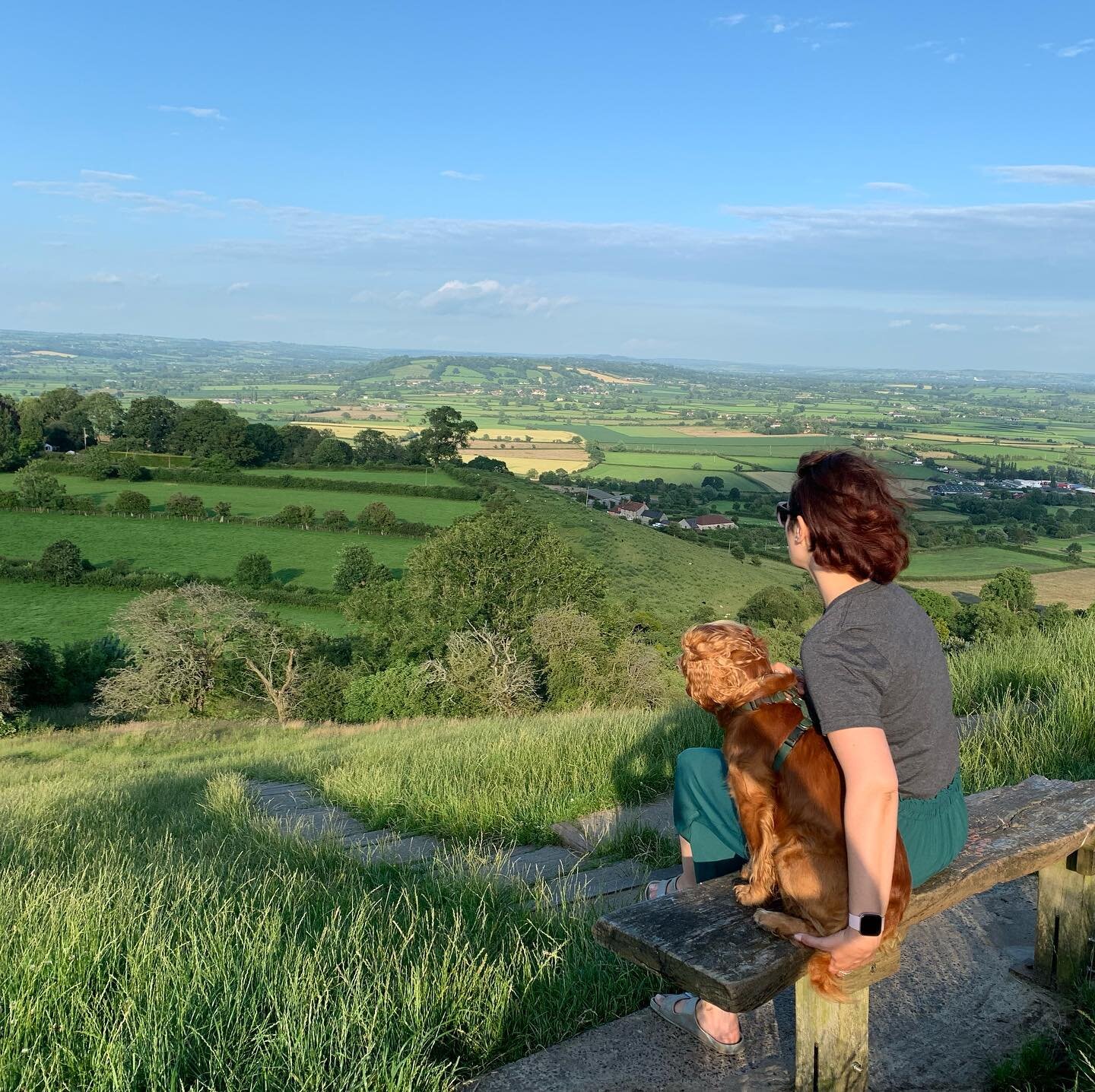 Just me &amp; my pal taking in the view over Somerset&hellip;the top of the Tor is wild &amp; windy &amp; so wonderfully cleansing.
.
#tor #somerset #glastonburytor #glastonbury #rechargingmysoul #refillyourcup #justbe #sunshine #wind #freedom