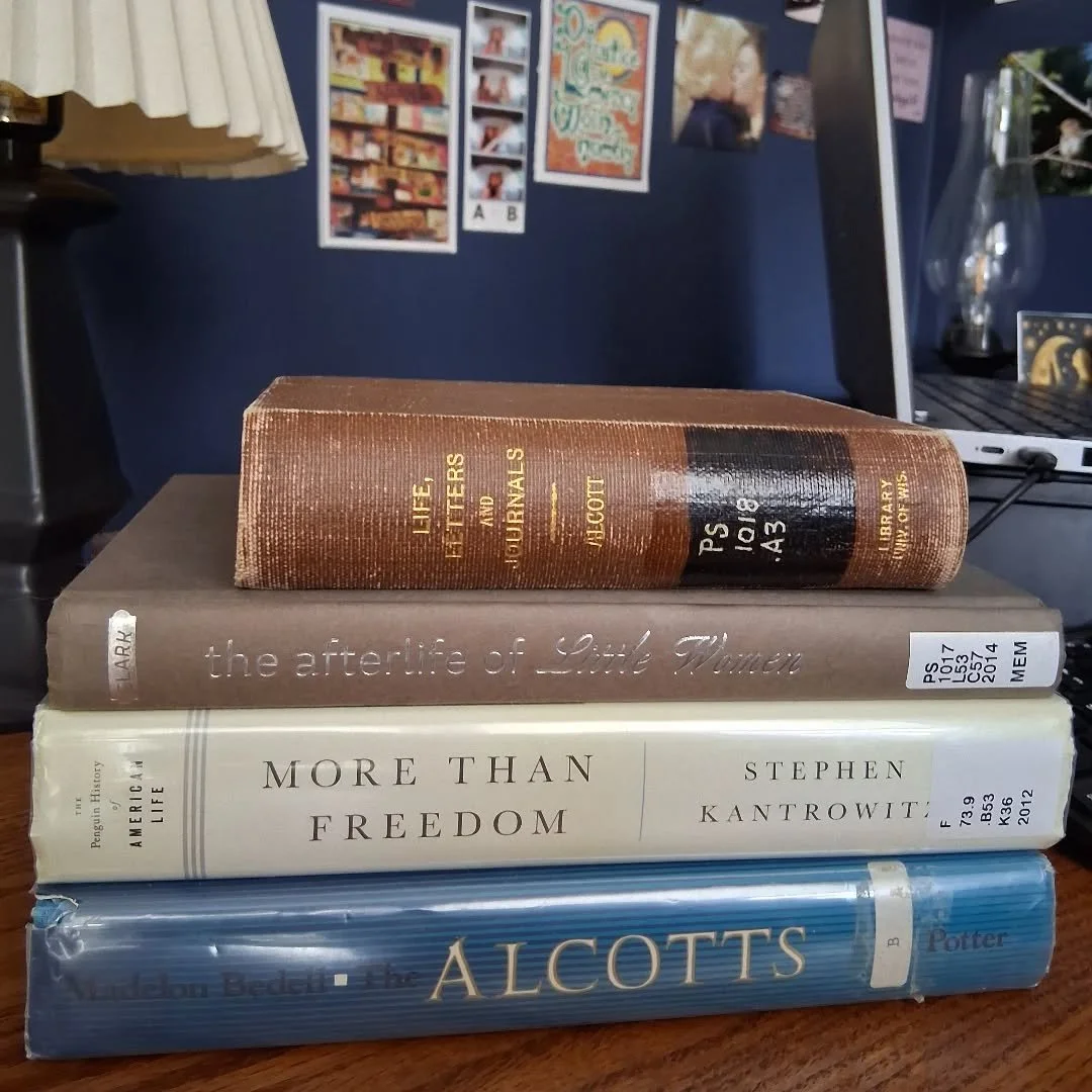 A peek at my Alcott-inspired fall book stack. Who else is excited for Season 4?? Our first episode drops tomorrow! We've got lots of Louisa and her world coming your way this fall and we can't wait to share it. 
.
.
#louisamayalcott #littlewomen #Alc