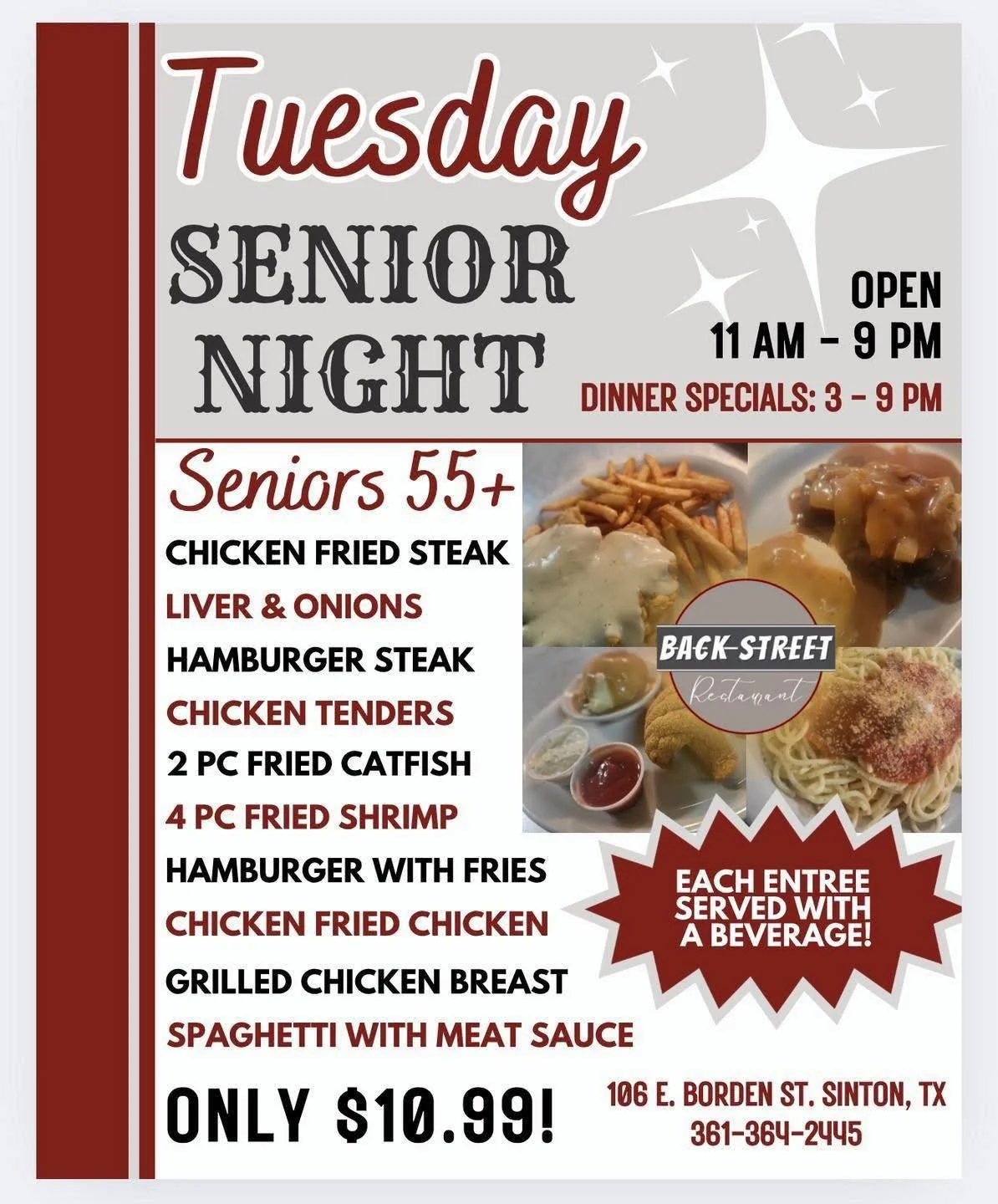 It&rsquo;s Tuesday Senior Night + $10 Margarita Flights in the bar area! 🍋&zwj;🟩 🥳
COME SEE US! 

Dine with us at: 
📍 106 E. Borden St. Sinton, TX 

To Go Orders:
📱 361-364-2445 

Hours:
⌚️ 11 AM - 9 PM

#SouthernFood #HomemadeCooking #Flavorful
