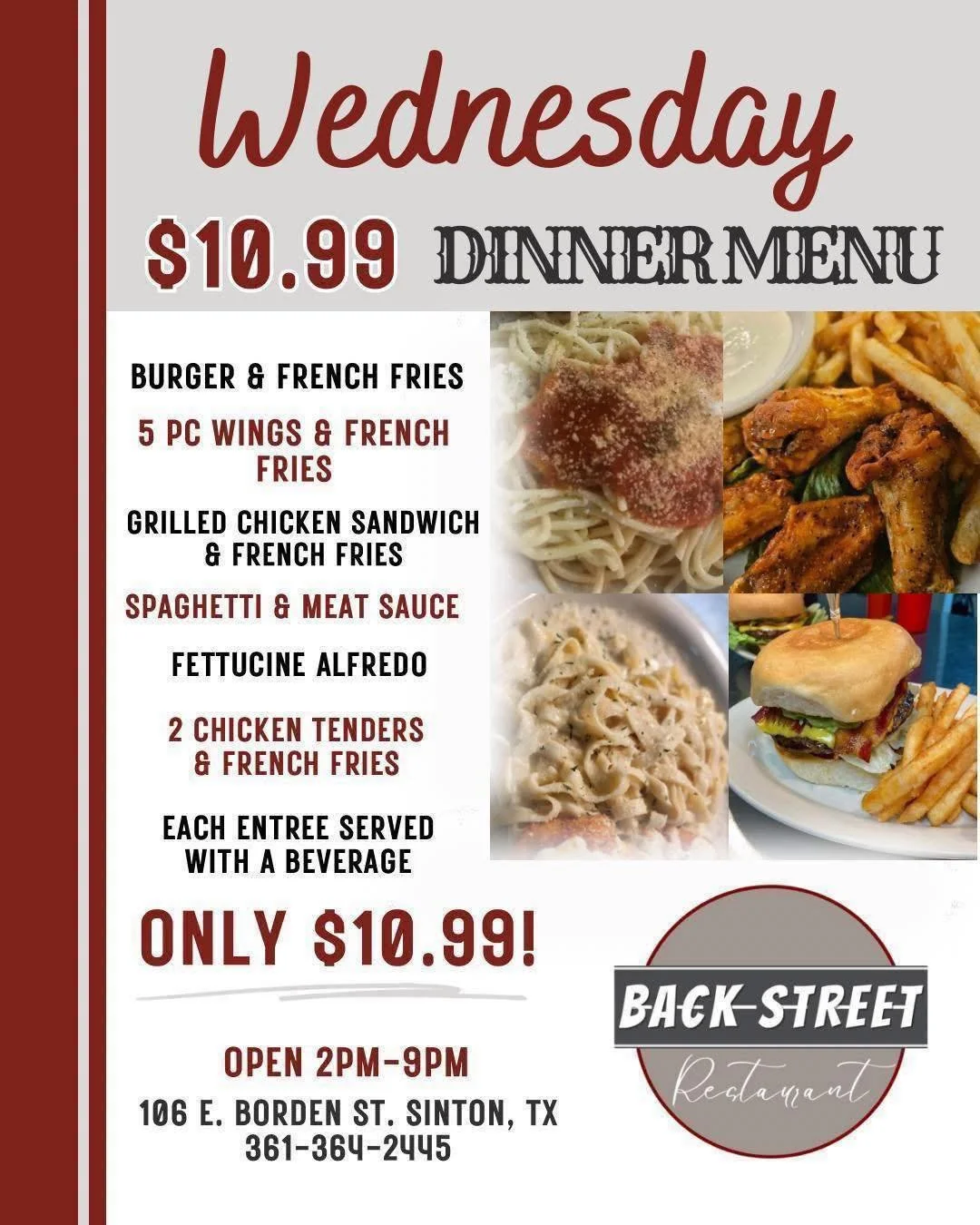 Hey Hey! $10 Margarita Flights at Bar + Join Us for Wednesday $10.99 Dinner at Backstreet! ✨ 

Dine with us at:
📍 106 E. Borden St. Sinton, TX

To Go Orders:
📱 361-364-2445

Hours:
⌚️ 11 AM - 9 PM
🍻 Bar 3 - 10PM 

#SouthernFood #HomemadeCooking #F
