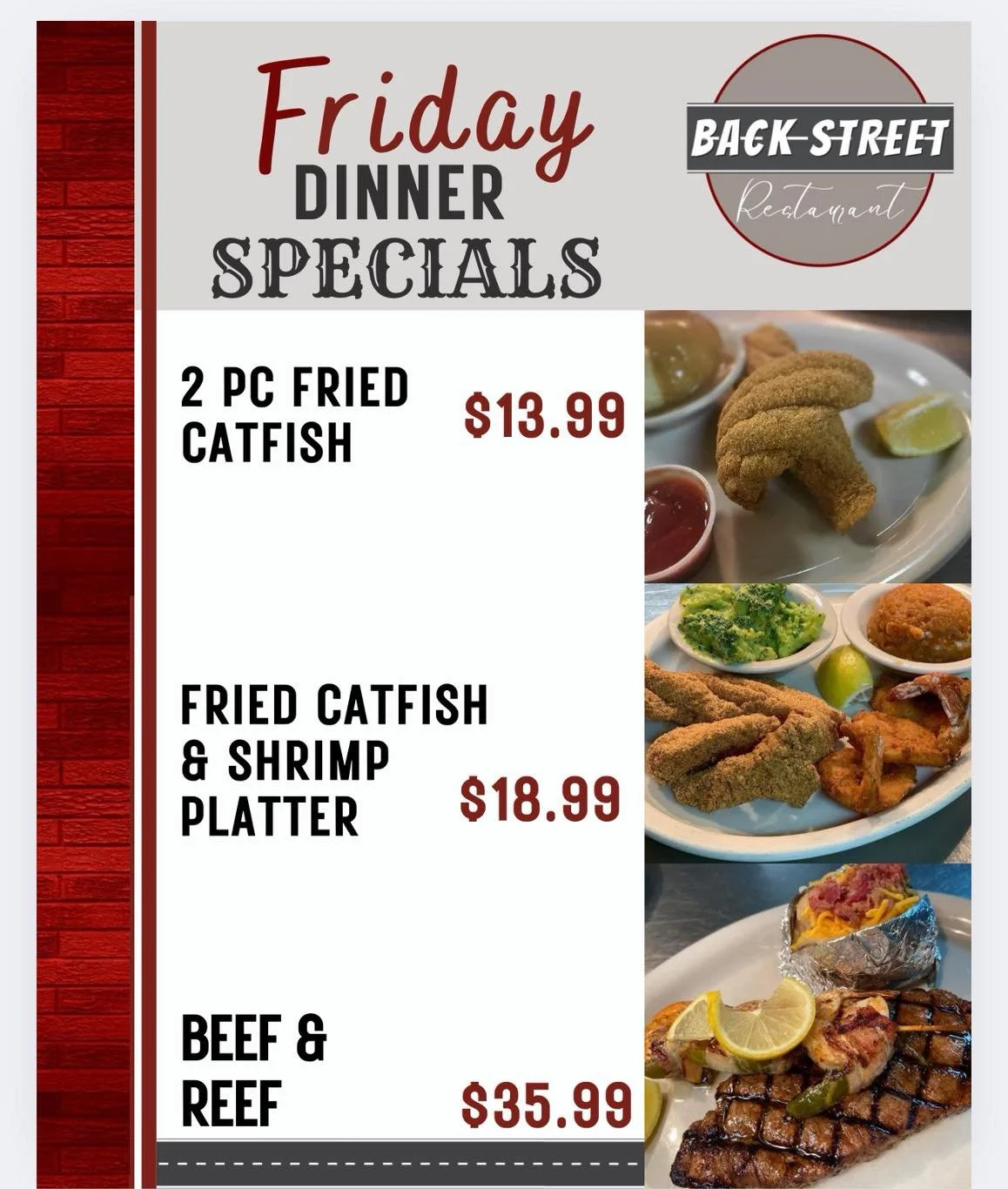 🔥 Check out our football 🏈 Bar Specials + Join Us for Friday Dinner at Backstreet! ✨ 

Dine with us at:
📍 106 E. Borden St. Sinton, TX

To Go Orders:
📱 361-364-2445

Hours:
⌚️ 11 AM - 9 PM
🍻 Bar 3 - 10PM 

#SouthernFood #HomemadeCooking #Flavorf