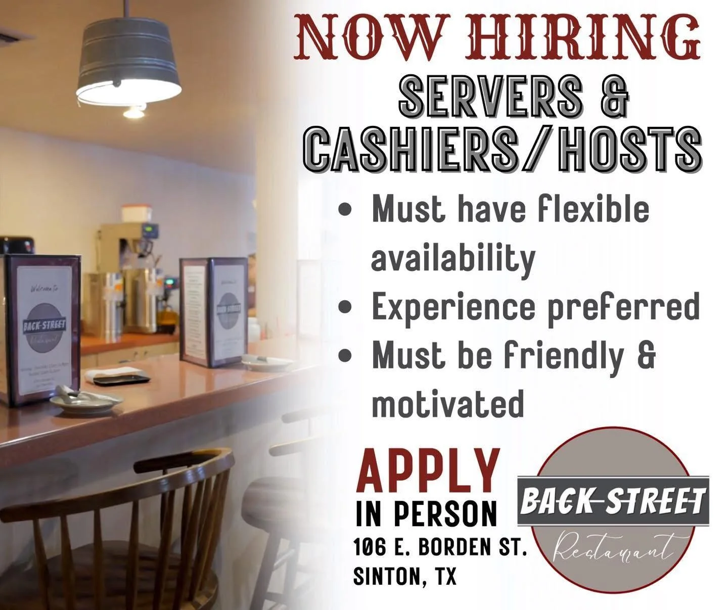 ❗️JOIN OUR TEAM❗️

Back Street Restaurant is now hiring Servers and Cashiers/Hosts🧑🏻&zwj;🍳

Experience preferred &mdash; but not required! Must be available nights &amp; weekends and/or open availability.

We offer competitive pay and are looking 
