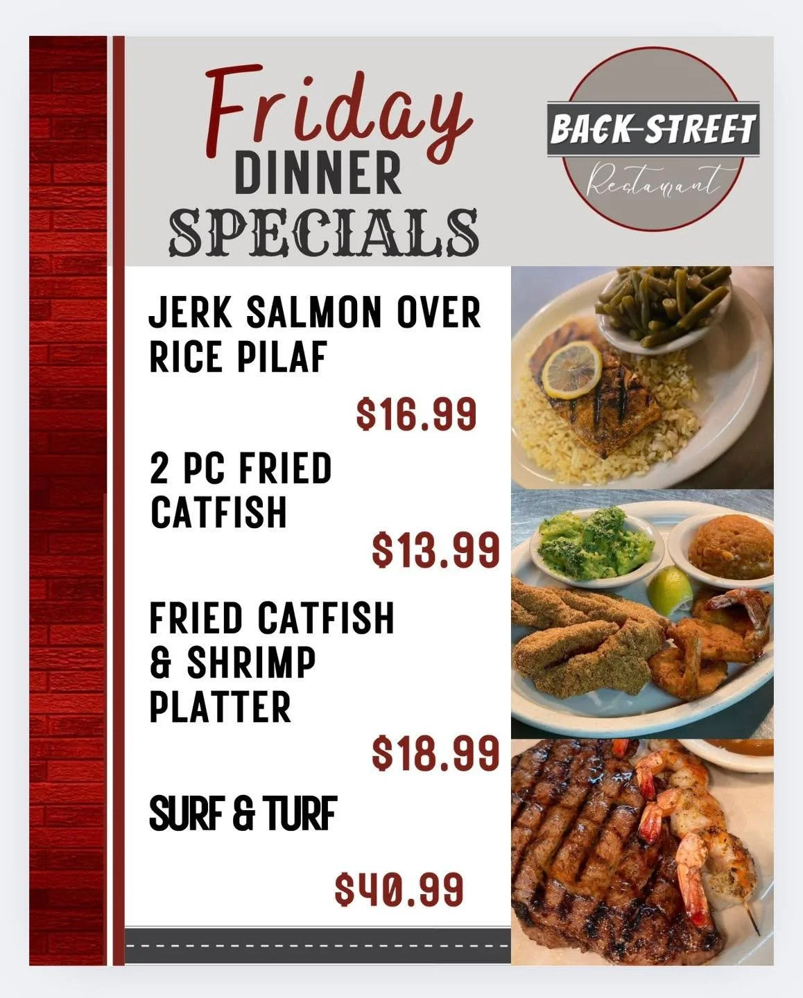 Join Us for Friday Dinner + The Best Football 🏈 Specials at Backstreet! ✨ 

Dine with us at:
📍 106 E. Borden St. Sinton, TX

To Go Orders:
📱 361-364-2445

Hours:
⌚️ 11 AM - 9 PM
🍻 Bar 3 - 10PM 

#SouthernFood #HomemadeCooking #FlavorfulDishes #Ba