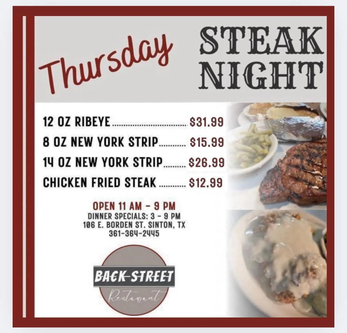 Hey, Hey! THURSDAY STEAK 🥩 NIGHT + Don&rsquo;t miss our Football Specials! ✨

Dine with us at: 
📍 106 E. Borden St. Sinton, TX 

To Go Orders:
📱 361-364-2445 

Hours:
⌚️ 11 AM - 9 PM

#SouthernFood #HomemadeCooking #FlavorfulDishes #BackStreetRest