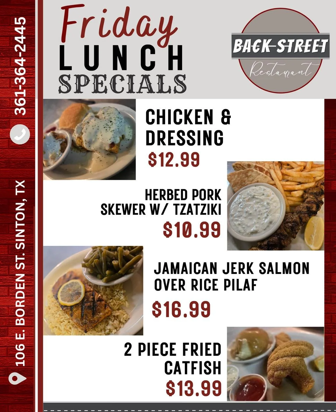 ✨ Finally Friday Lunch Specials 🍴
COME SEE US! 

&bull; Chicken &amp; Dressing &hellip;$12.99
&bull; Herbed Pork Skewer w/ Tzatzik&hellip;. $10.99
&bull; Jamaican Jerk Salmon&hellip;.$16.99
&bull; 2 PC Fried Catfish.....$13.99

Dine with us at:
📍 1