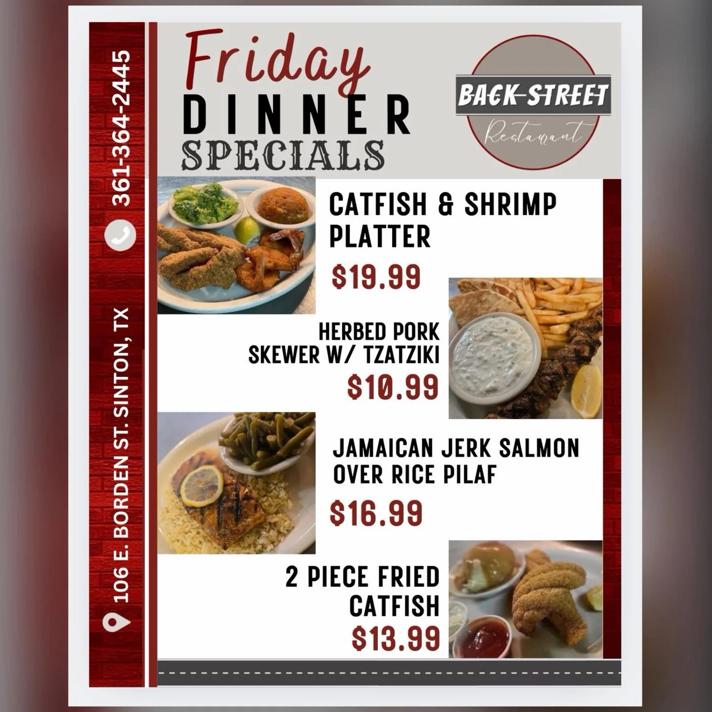 Check out our FRI-YAY Dinner SPECIALS + Football 🏈 Specials! COME SEE US! 

Dine with us at: 
📍 106 E. Borden St. Sinton, TX 

To Go Orders:
📱 361-364-2445 

Hours:
⌚️ 11 AM - 9 PM

#SouthernFood #HomemadeCooking #FlavorfulDishes #BackStreetRestau