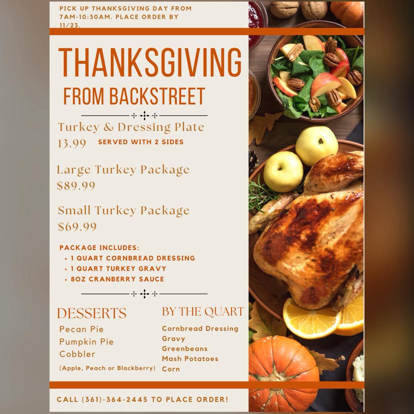 ✅ Thanksgiving Made Easy by Backstreet in Sinton, TX! 🦃
Skip the stress this holiday and let Backstreet take care of your Thanksgiving meal with our delicious, ready-to-serve options!

📦 MEAL OPTIONS:
✨ Turkey &amp; Dressing Plate &mdash; $13.99
Se