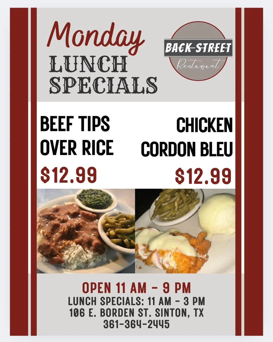 ✨ Monday Lunch Specials ✨

&bull; Beef Tips Over Rice&hellip;&hellip;&hellip;.....$12.99

&bull; Chicken Cordon Bleu&hellip;&hellip;&hellip;&hellip;&hellip;&hellip;..$12.99

Dine with us at:
📍 106 E. Borden St. Sinton, TX

To Go Orders:
📱 361-364-2