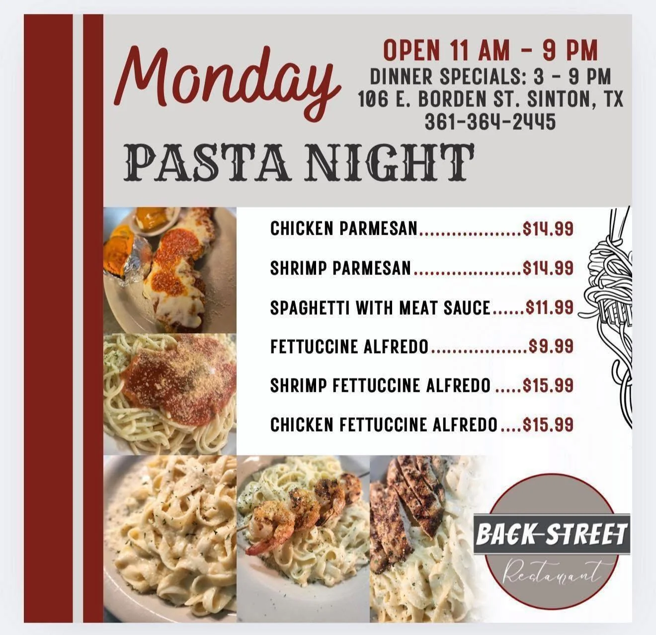 Check out our MONDAY PASTA 🍝  NIGHT + Monday Night Football Specials 🏈 🔥

🏃🏻&zwj;♀️ COME SEE US! 

Dine with us at: 
📍 106 E. Borden St. Sinton, TX 

To Go Orders:
📱 361-364-2445 

Hours:
⌚️ 11 AM - 9 PM

#SouthernFood #HomemadeCooking #Flavor