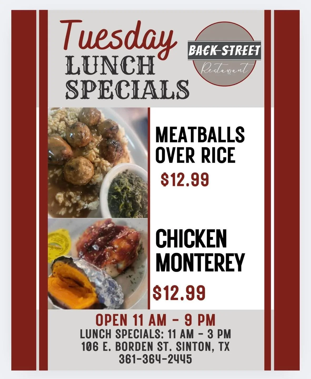 🍴 Tuesday Lunch Specials 🍴

&bull; Meatballs Over Rice&hellip;&hellip;.$12.99
&bull; Chicken Monterey&hellip;&hellip;&hellip;.$12.99

Dine with us at:
📍 106 E. Borden St. Sinton, TX

To Go Orders:
📱 361-364-2445

Lunch Hours: 
⌚️ 11 AM - 3 PM

#S