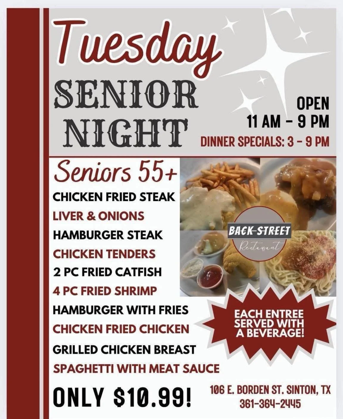 It&rsquo;s Tuesday Senior Night + Don&rsquo;t miss our $6 Drink Specials! 🍹🙌🏼
COME SEE US! 

Dine with us at: 
📍 106 E. Borden St. Sinton, TX 

To Go Orders:
📱 361-364-2445 

Hours:
⌚️ 11 AM - 9 PM

#SouthernFood #HomemadeCooking #FlavorfulDishe