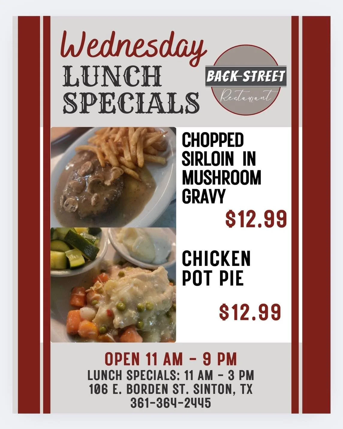 🐫 Wednesday Lunch Specials 🔆

&bull; Chopped Sirloin In Mushroom Gravy&hellip;.. $12.99
&bull; Chicken Pot Pie&hellip;&hellip;&hellip;&hellip;&hellip;.......$12.99

Dine with us at:
📍 106 E. Borden St. Sinton, TX

To Go Orders:
📱 361-364-2445

Ho