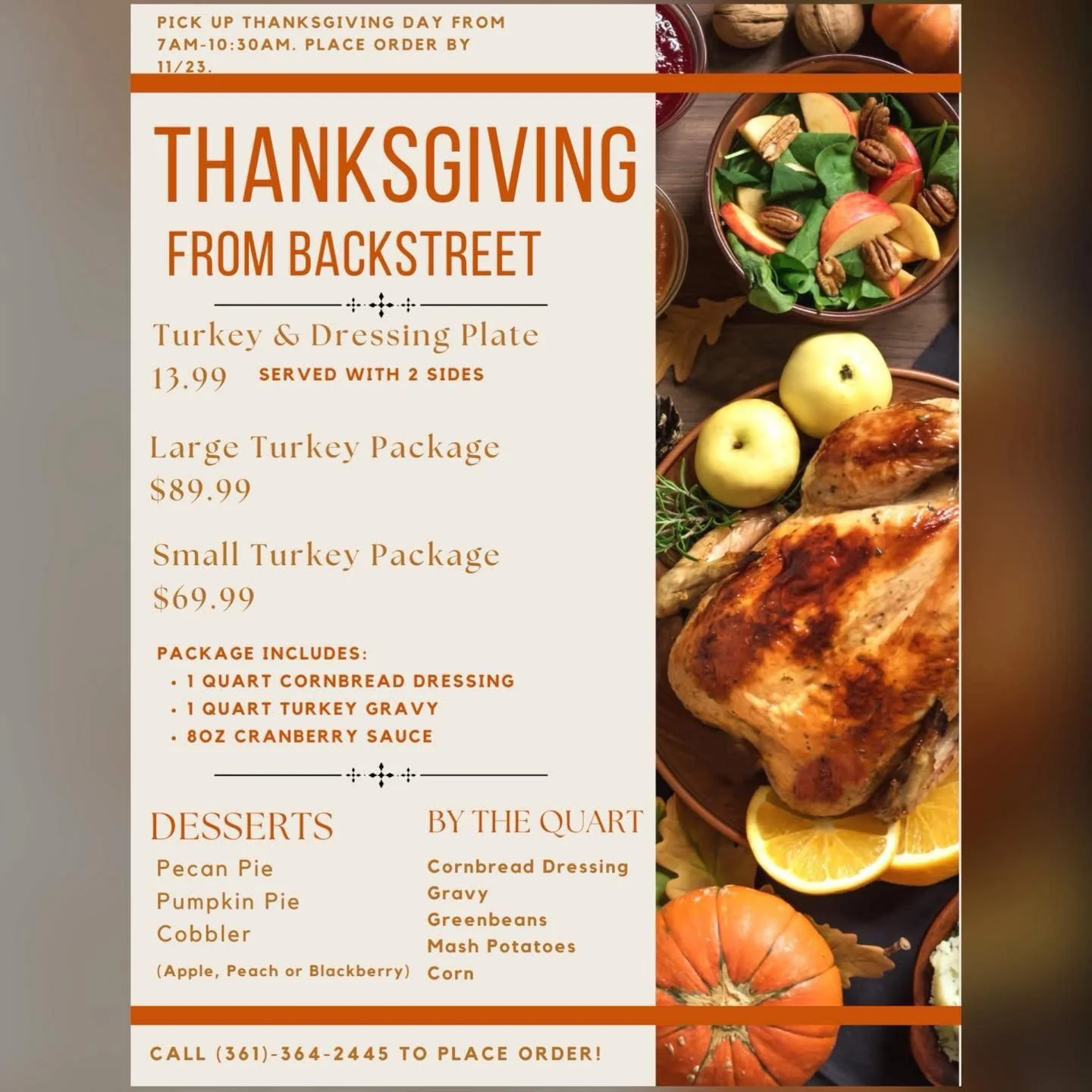 ✅ Thanksgiving Made Easy by Backstreet in Sinton, TX! 🦃
Skip the stress this holiday and let Backstreet take care of your Thanksgiving meal with our delicious, ready-to-serve options!

📦 MEAL OPTIONS:
✨ Turkey &amp; Dressing Plate &mdash; $13.99
Se