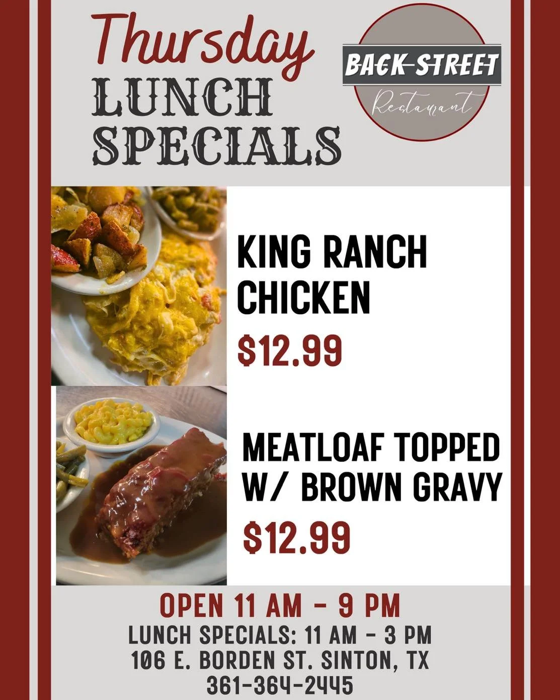 🍴 Thursday Lunch Specials 🍴

&bull; King Ranch Chicken.&hellip;&hellip;&hellip;&hellip;...$12.99

* Meatloaf w/ Brown Gravy &hellip;&hellip;.&hellip;$12.99

Dine with us at:
📍 106 E. Borden St. Sinton, TX

To Go Orders:
📱 361-364-2445

Lunch Hour
