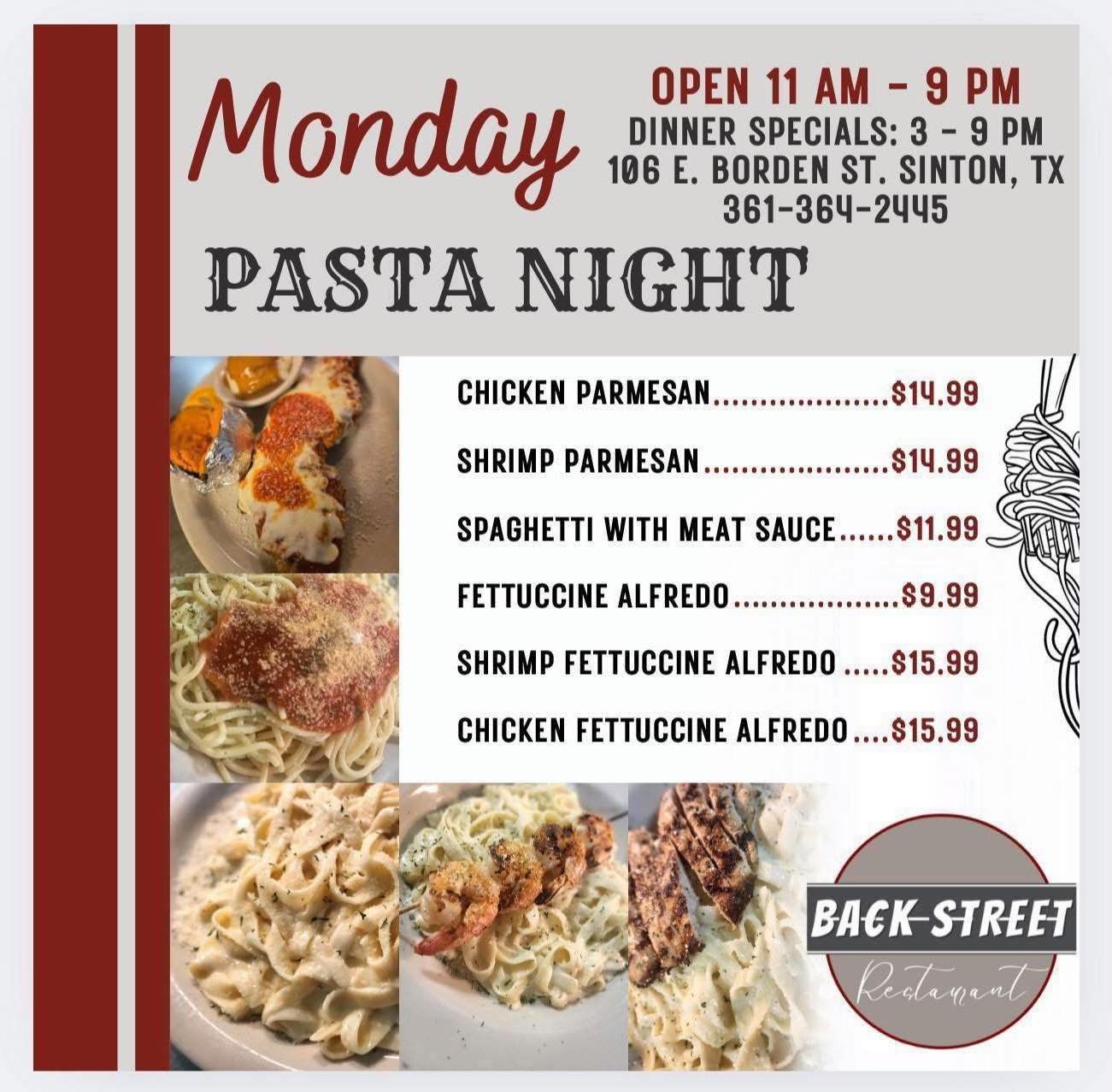 Check out our MONDAY PASTA 🍝  NIGHT + Monday Night Football Specials 🏈 🔥

🏃🏻&zwj;♀️ COME SEE US! 

Dine with us at: 
📍 106 E. Borden St. Sinton, TX 

To Go Orders:
📱 361-364-2445 

Hours:
⌚️ 11 AM - 9 PM

#SouthernFood #HomemadeCooking #Flavor