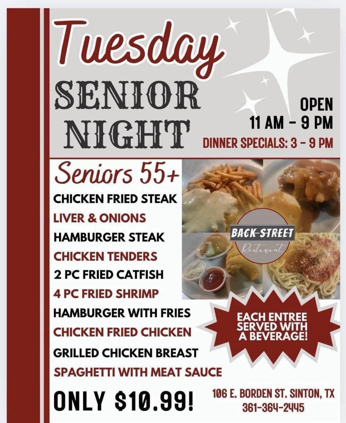 It&rsquo;s Tuesday Senior Night + Don&rsquo;t miss our $6 Drink Specials! 🍹🙌🏼
COME SEE US! 

Dine with us at: 
📍 106 E. Borden St. Sinton, TX 

To Go Orders:
📱 361-364-2445 

Hours:
⌚️ 11 AM - 9 PM

#SouthernFood #HomemadeCooking #FlavorfulDishe