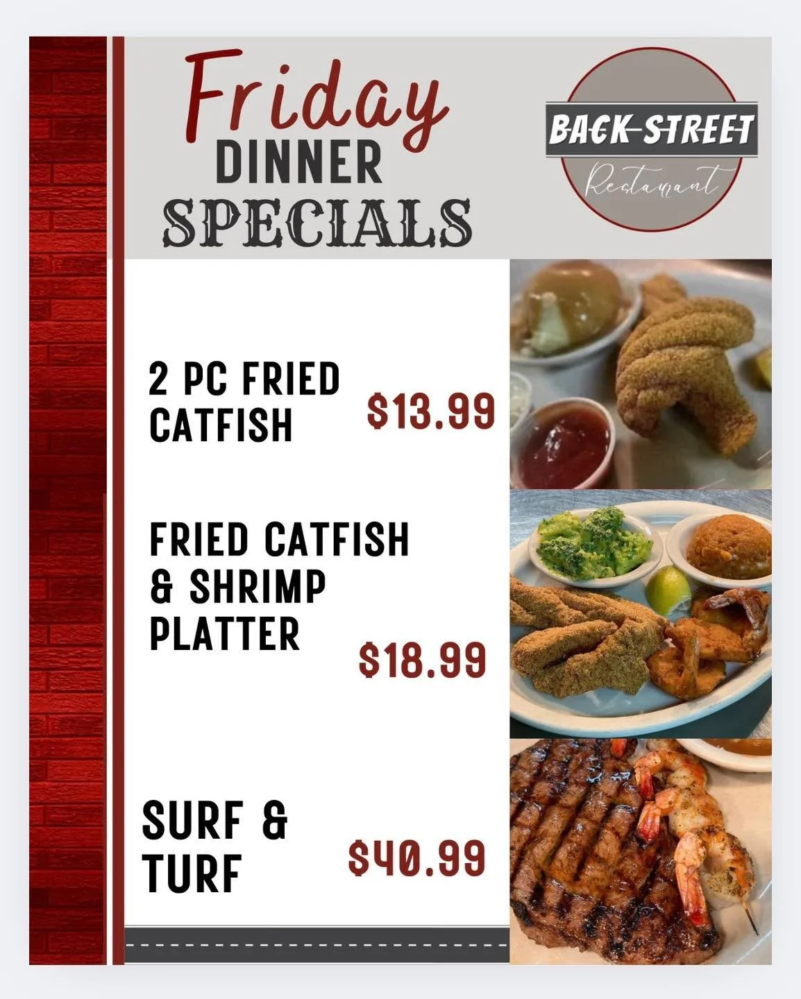 Check out our FRI-YAY Dinner SPECIALS + Football 🏈 Specials! COME SEE US! 

Dine with us at: 
📍 106 E. Borden St. Sinton, TX 

To Go Orders:
📱 361-364-2445 

Hours:
⌚️ 11 AM - 9 PM

#SouthernFood #HomemadeCooking #FlavorfulDishes #BackStreetRestau