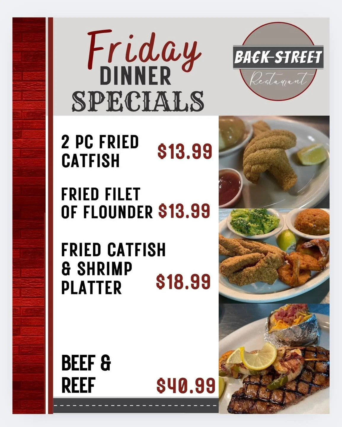 Check out our FRI-YAY Dinner SPECIALS + Football 🏈 Specials! COME SEE US! 

Dine with us at: 
📍 106 E. Borden St. Sinton, TX 

To Go Orders:
📱 361-364-2445 

Hours:
⌚️ 11 AM - 9 PM

#SouthernFood #HomemadeCooking #FlavorfulDishes #BackStreetRestau