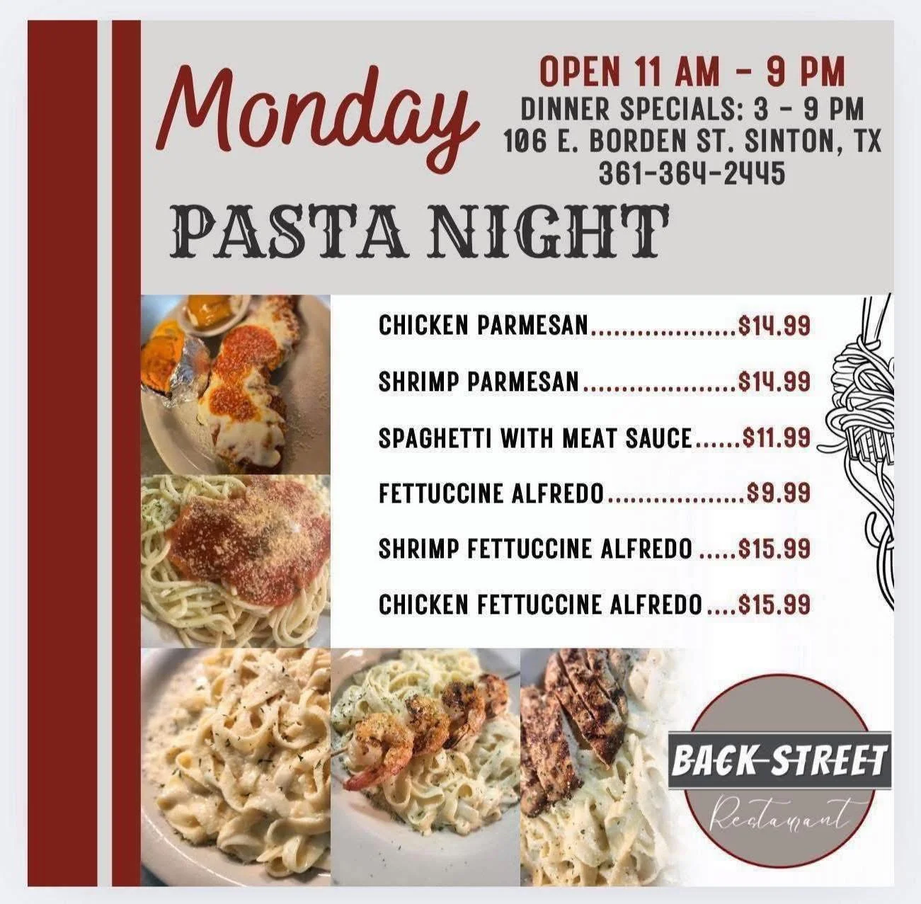 Check out our MONDAY PASTA 🍝  NIGHT + Monday Night Football Specials 🏈 🔥

🏃🏻&zwj;♀️ COME SEE US! 

Dine with us at: 
📍 106 E. Borden St. Sinton, TX 

To Go Orders:
📱 361-364-2445 

Hours:
⌚️ 11 AM - 9 PM

#SouthernFood #HomemadeCooking #Flavor