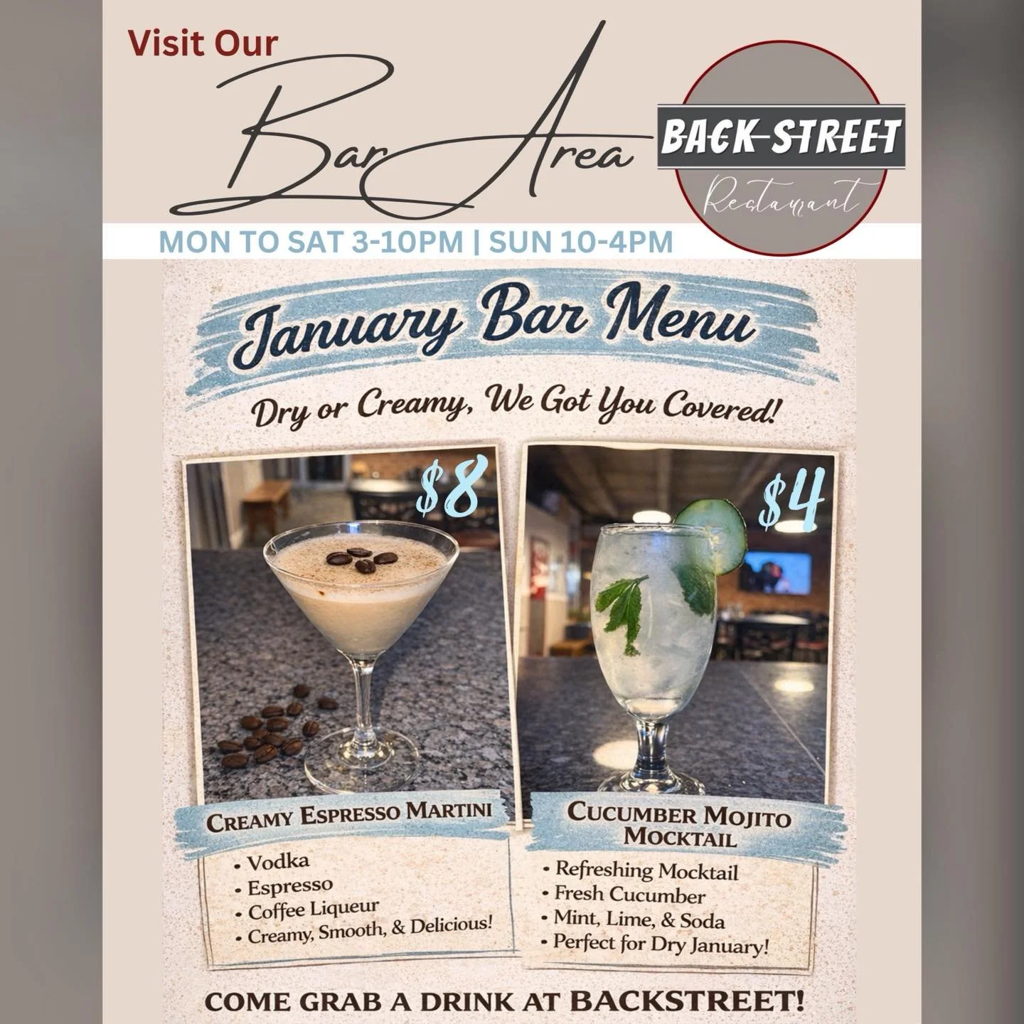 🍽️ Good food, great drinks &amp; something for everyone&mdash;only at Backstreet! 🍹

Kick off January with flavor and comfort at Backstreet Restaurant!
Whether you&rsquo;re stopping in for a Creamy Espresso Martini, enjoying a refreshing mocktail f