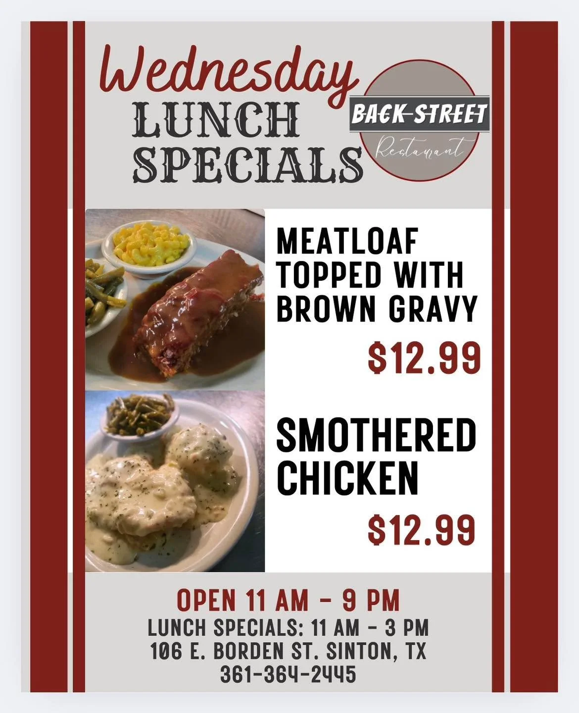 🐫 Wednesday Lunch Specials 🔆

&bull; Meatloaf topped w/ brown gravy&hellip;.. $12.99
&bull; Smothered Chicken&hellip;&hellip;&hellip;&hellip;&hellip;.......$12.99

Dine with us at:
📍 106 E. Borden St. Sinton, TX

To Go Orders:
📱 361-364-2445

Hou