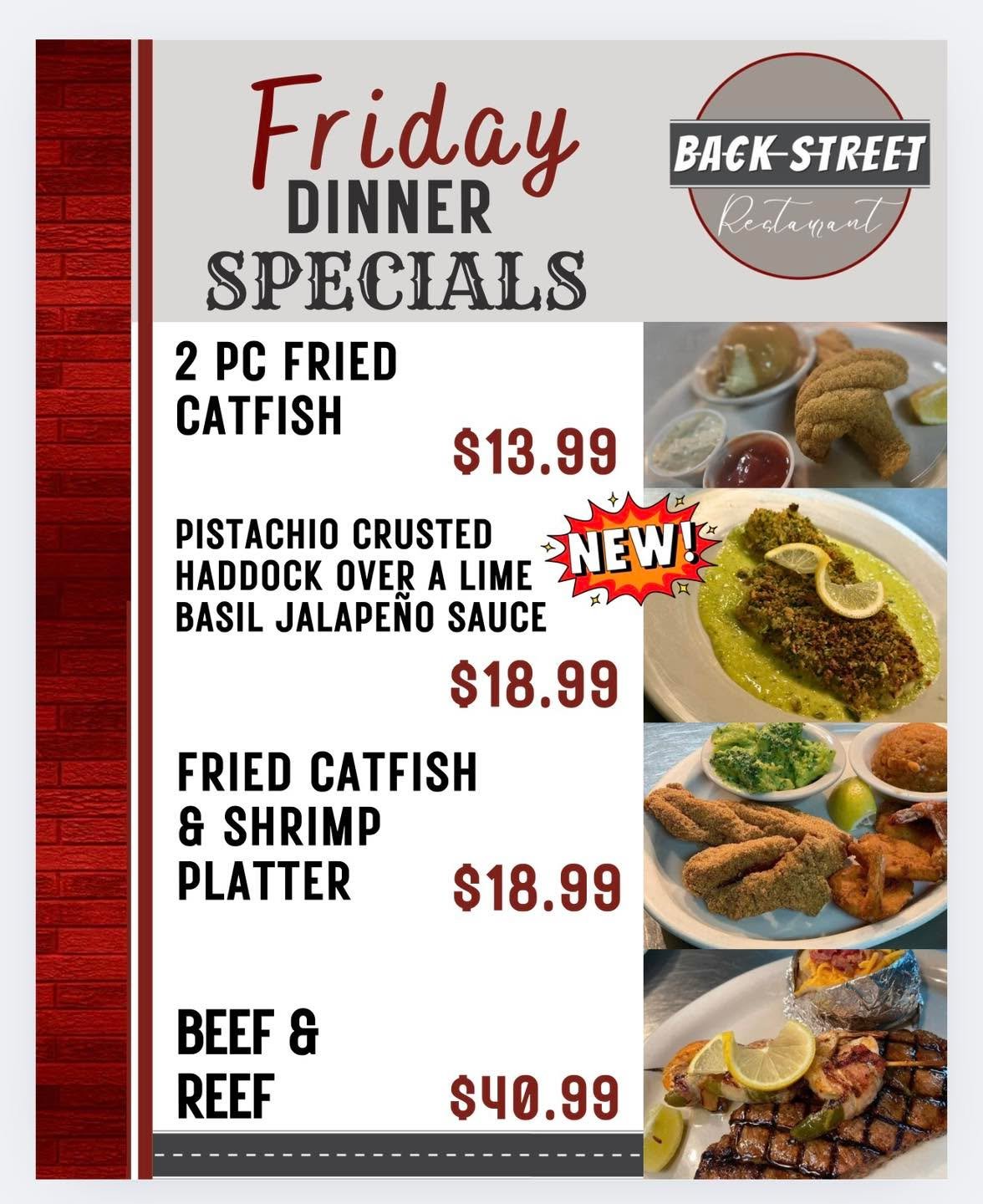 Check out our FRI-YAY Dinner SPECIALS + Football 🏈 Specials! COME SEE US! 

Dine with us at: 
📍 106 E. Borden St. Sinton, TX 

To Go Orders:
📱 361-364-2445 

Hours:
⌚️ 11 AM - 9 PM

#SouthernFood #HomemadeCooking #FlavorfulDishes #BackStreetRestau