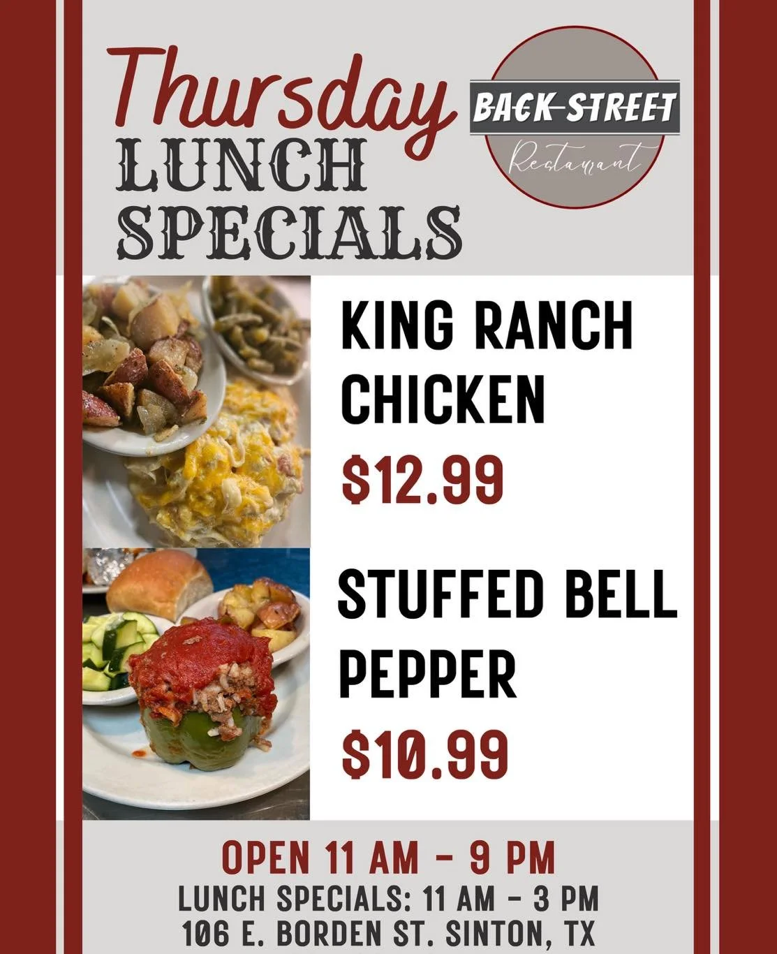 🍴 Thursday Lunch Specials 🍴

&bull; King Ranch Chicken 👑 .&hellip;&hellip;&hellip;&hellip;...$12.99

&bull; Stuffed Bell Pepper 🫑&hellip;&hellip;&hellip;&hellip;.&hellip;$10.99

Dine with us at:
📍 106 E. Borden St. Sinton, TX

To Go Orders:
📱 3