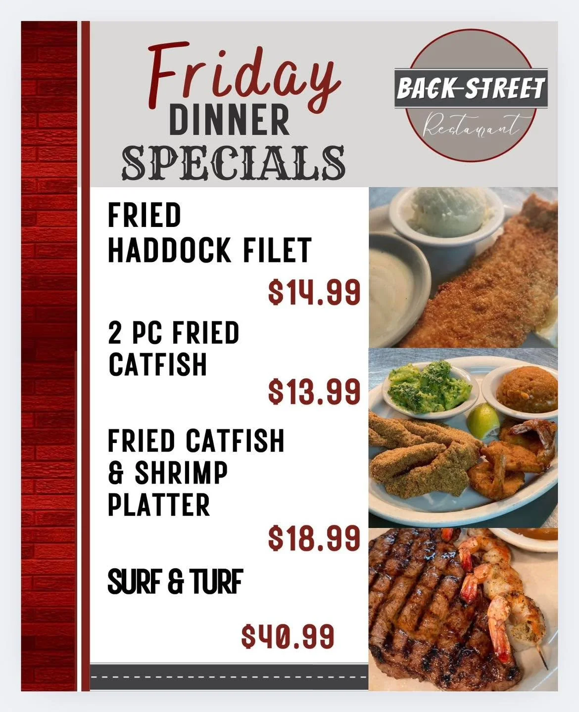 Check out our FRI-YAY Dinner SPECIALS + Football 🏈 Specials! COME SEE US! 

Dine with us at: 
📍 106 E. Borden St. Sinton, TX 

To Go Orders:
📱 361-364-2445 

Hours:
⌚️ 11 AM - 9 PM

#SouthernFood #HomemadeCooking #FlavorfulDishes #BackStreetRestau