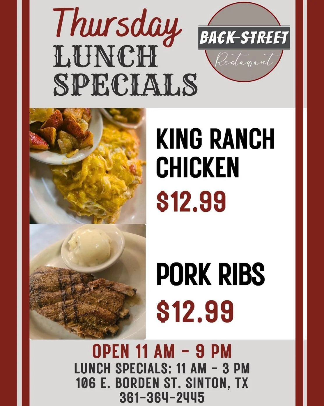 Thursday Lunch Specials 🍴

&bull; King Ranch Chicken.&hellip;&hellip;&hellip;&hellip;...$12.99

&bull; Pork Ribs&hellip;&hellip;&hellip;&hellip;&hellip;&hellip;..&hellip;&hellip;.&hellip;$12.99

Dine with us at:
📍 106 E. Borden St. Sinton, TX

To G