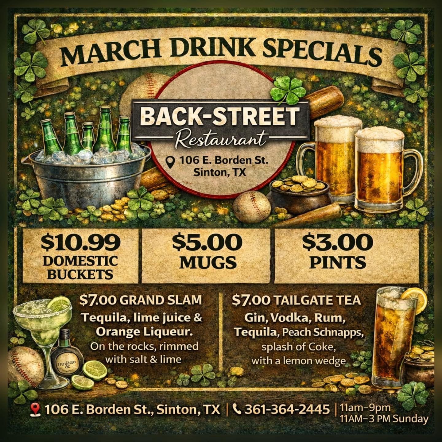 Check out our MONDAY PASTA 🍝  NIGHT +
Our March Drink Specials at Backstreet Restaurant. ⚾️ 🍀 

🏃🏻&zwj;♀️ COME SEE US! 

Dine with us at: 
📍 106 E. Borden St. Sinton, TX 

To Go Orders:
📱 361-364-2445 

Hours:
⌚️ 11 AM - 9 PM

#SouthernFood #Ho