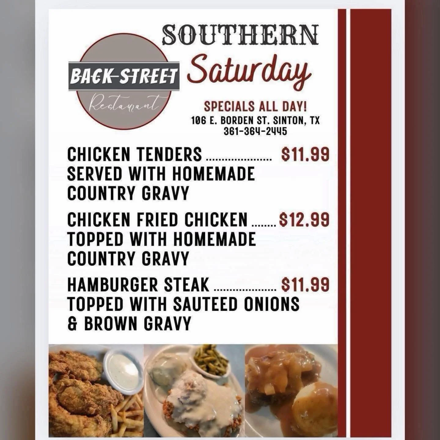 It&rsquo;s Southern Saturday + Don&rsquo;t forget our March Drink Specials! 🍀🎉
COME SEE US! 

Dine with us at: 
📍 106 E. Borden St. Sinton, TX 

To Go Orders:
📱 361-364-2445 

Hours:
⌚️ 11 AM - 9 PM

#SouthernFood #HomemadeCooking #FlavorfulDishe