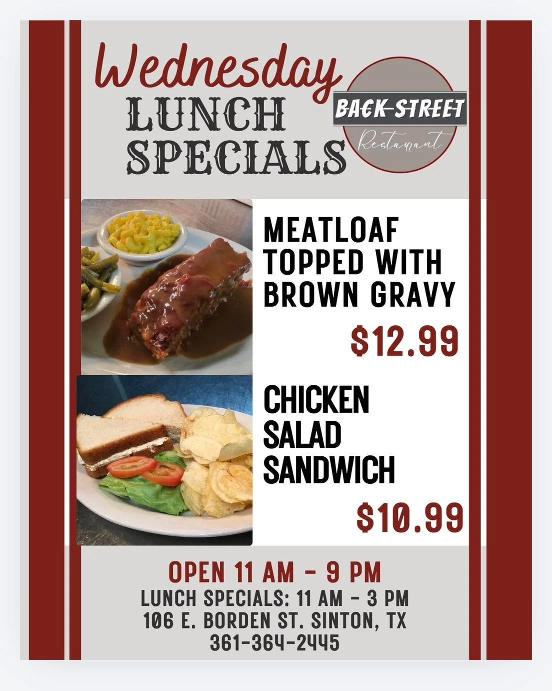 🐫 Wednesday Lunch Specials 🔆

&bull; Meatloaf topped with brown gravy&hellip;.. $12.99
&bull; Chicken Salad Sandwich&hellip;&hellip;&hellip;&hellip;&hellip;.......$10.99

Dine with us at:
📍 106 E. Borden St. Sinton, TX

To Go Orders:
📱 361-364-24