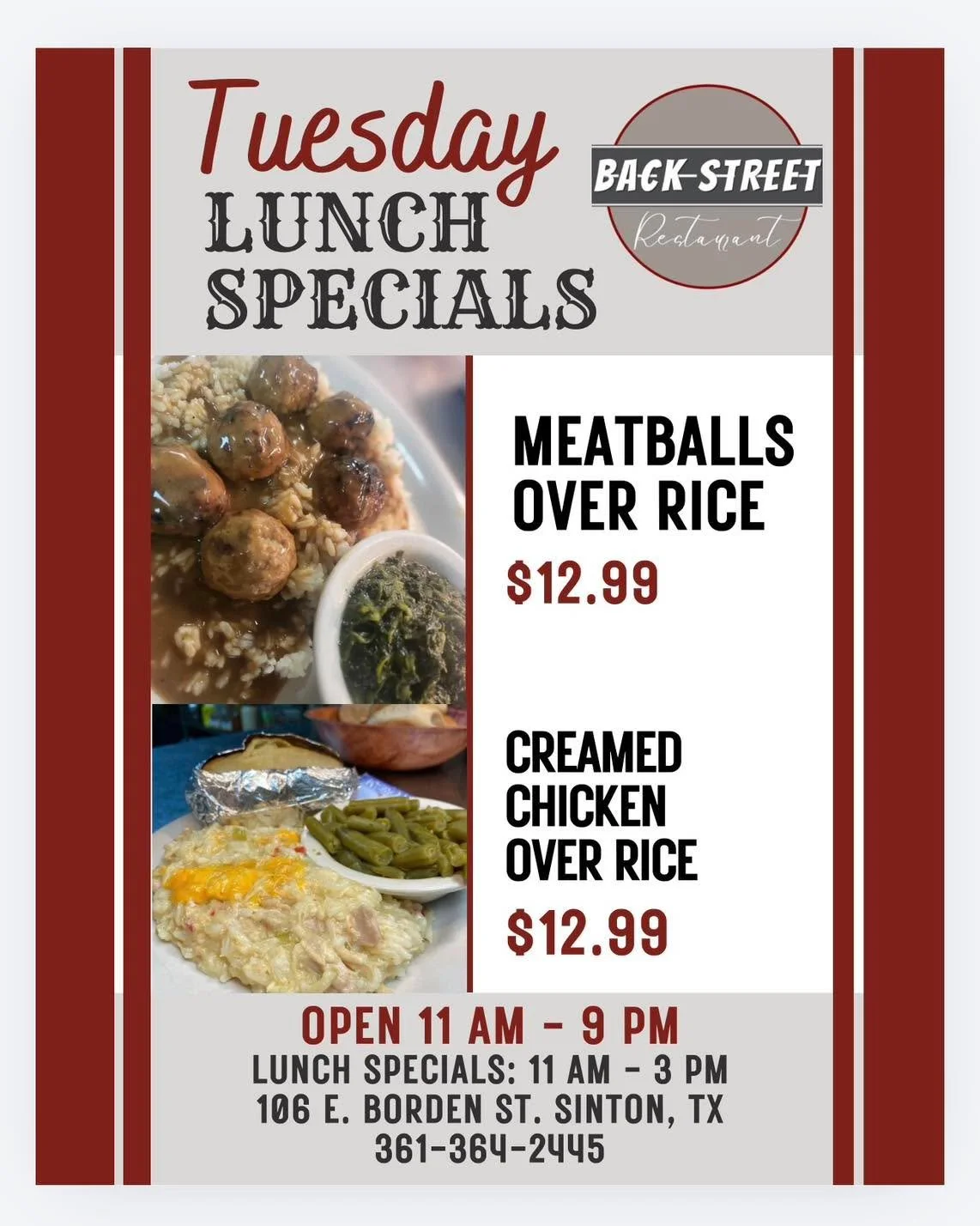 🍴 Tuesday Lunch Specials 🍴

&bull; Meatballs Over Rice&hellip;&hellip;.$12.99
&bull; Creamed Chicken Over Rice &hellip;.$12.99

Dine with us at:
📍 106 E. Borden St. Sinton, TX

To Go Orders:
📱 361-364-2445

Lunch Hours: 
⌚️ 11 AM - 3 PM

#Souther