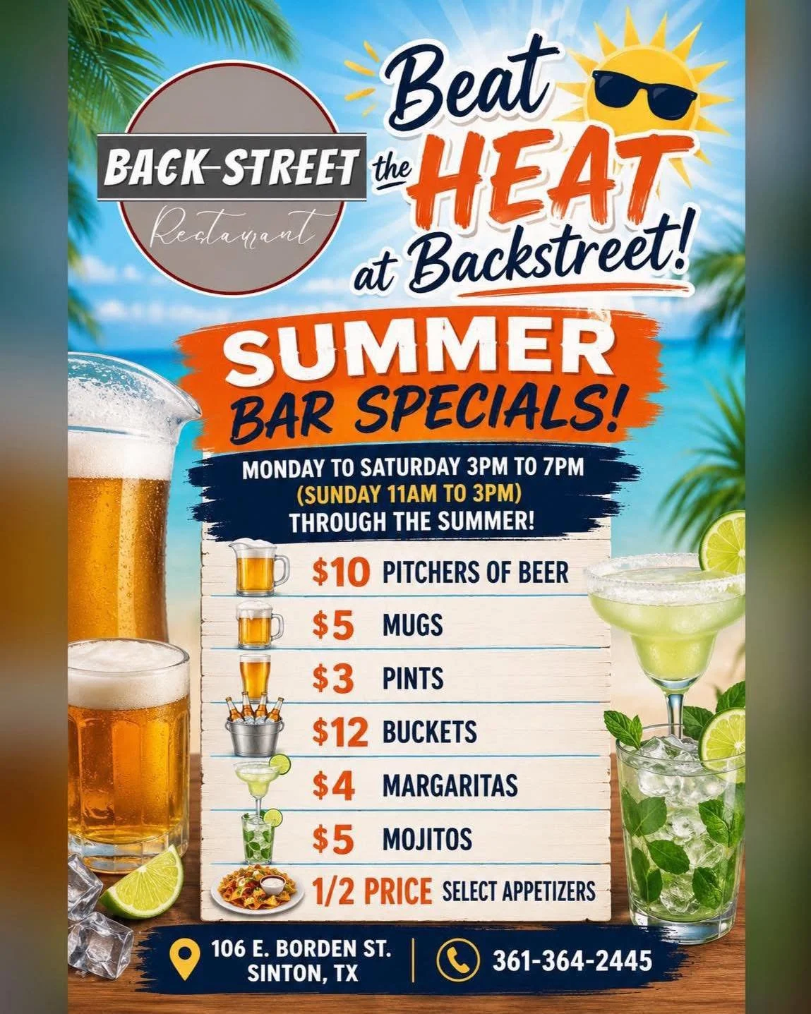 It&rsquo;s Southern Saturday + Don&rsquo;t forget our Summer ☀️Drink Specials! 🎉
COME SEE US! 

Dine with us at: 
📍 106 E. Borden St. Sinton, TX 

To Go Orders:
📱 361-364-2445 

Hours:
⌚️ 11 AM - 9 PM

#SouthernFood #HomemadeCooking #FlavorfulDish