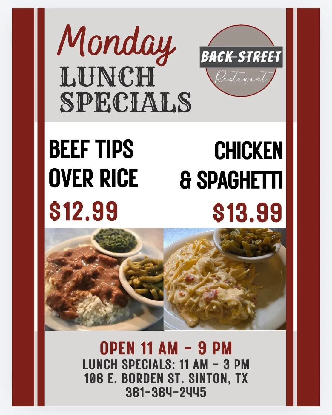 ✨ Monday Lunch Specials ✨

&bull; Beef Tips Over Rice&hellip;&hellip;&hellip;.....$12.99

&bull; Chicken &amp; Spaghetti&hellip;&hellip;&hellip;....$13.99

Dine with us at:
📍 106 E. Borden St. Sinton, TX

To Go Orders:
📱 361-364-2445

Hours:
⌚️ 11 