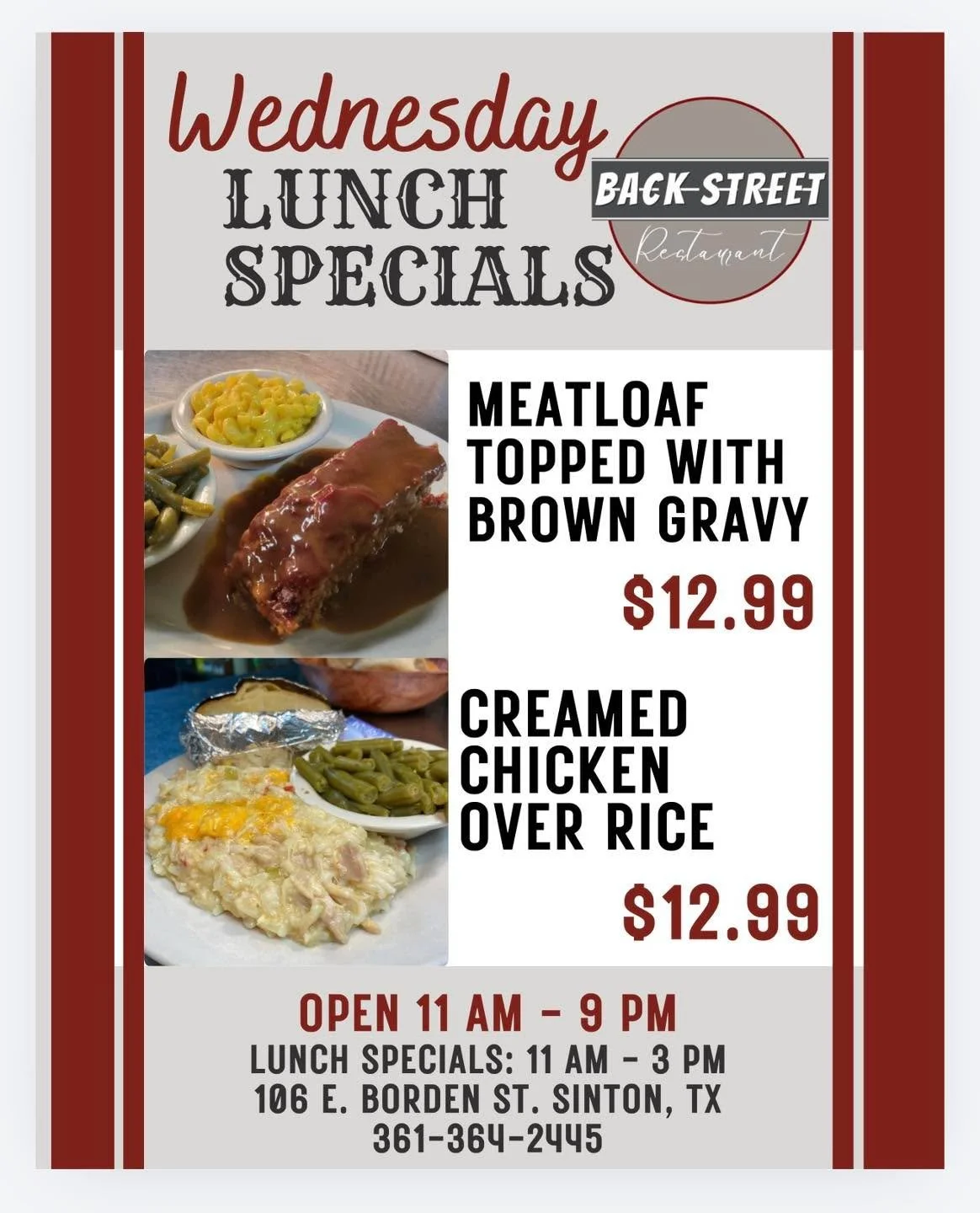 🐫 Wednesday Lunch Specials 🔆

&bull; Meatloaf topped with brown gravy&hellip;.. $12.99
&bull; Creamed Chicken over rice&hellip;&hellip;&hellip;&hellip;....$12.99

Dine with us at:
📍 106 E. Borden St. Sinton, TX

To Go Orders:
📱 361-364-2445

Hour