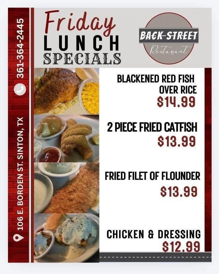 ✨ Finally Friday Lunch Specials 🍴&amp; Beat the heat 
 ☀️ with our Summer Bar Specials! COME SEE US! 

&bull; Blackened RedFish Over Rice &hellip;$14.99
&bull; 2 PC Fried Catfish.....$13.99
&bull;Fried Filet of Flounder&hellip;.$13.99
&bull; Chicken