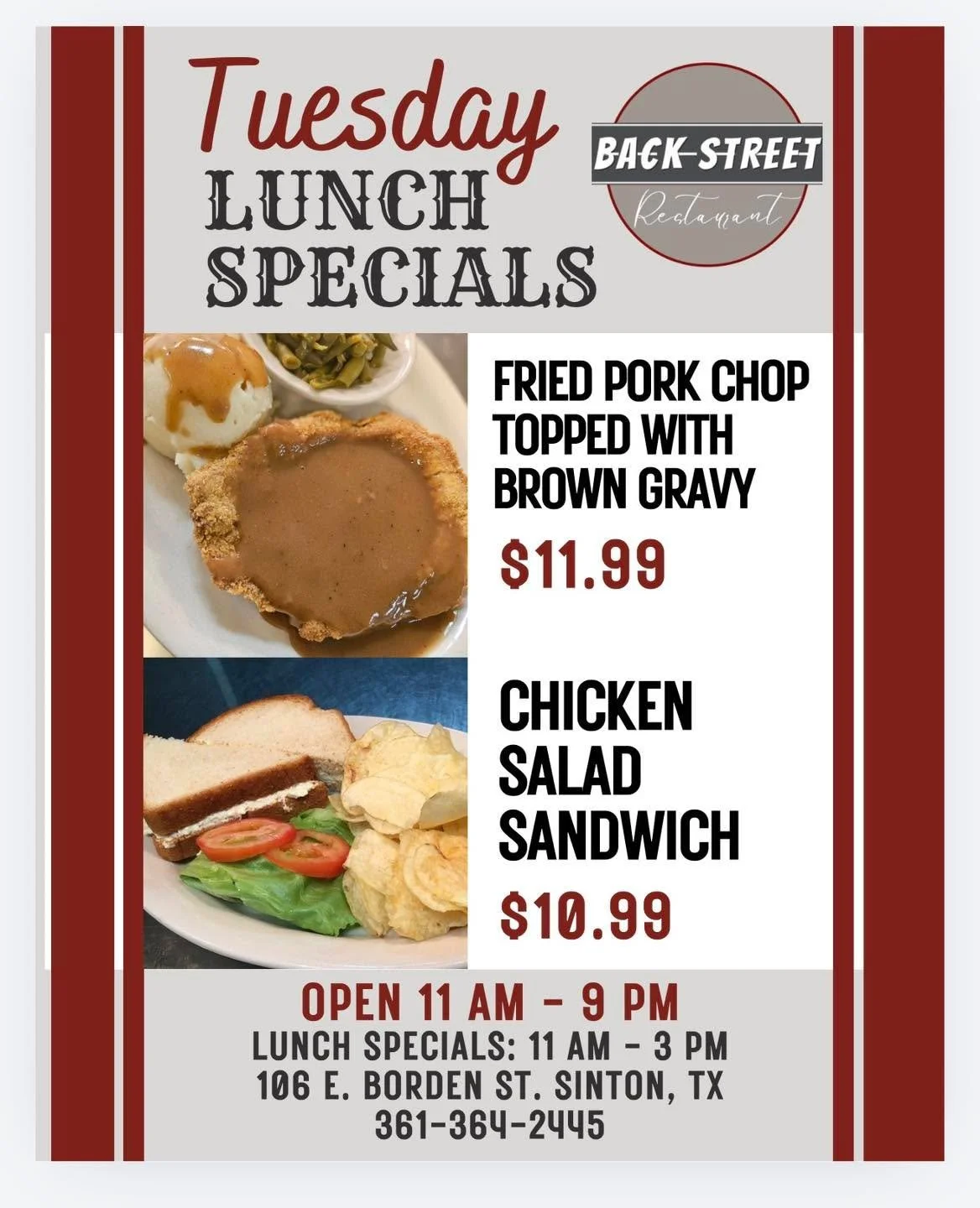 🍴 Tuesday Lunch Specials 🍴

&bull; Fried Pork Chop W/ Brown Gravy&hellip;&hellip;.$11.99
&bull; Chicken Salad Sandwich&hellip;&hellip;&hellip;&hellip;.$10.99

Dine with us at:
📍 106 E. Borden St. Sinton, TX

To Go Orders:
📱 361-364-2445

Lunch Ho