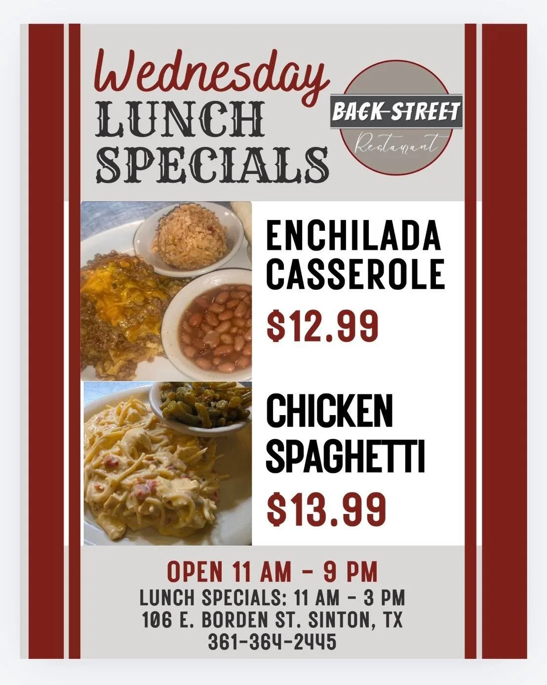 🐫 Wednesday Lunch Specials 🔆

&bull; Enchilada Casserole&hellip;&hellip;&hellip;&hellip;&hellip;&hellip; $12.99
&bull; Chicken Spaghetti&hellip;&hellip;&hellip;&hellip;&hellip;.......$13.99

Dine with us at:
📍 106 E. Borden St. Sinton, TX

To Go O