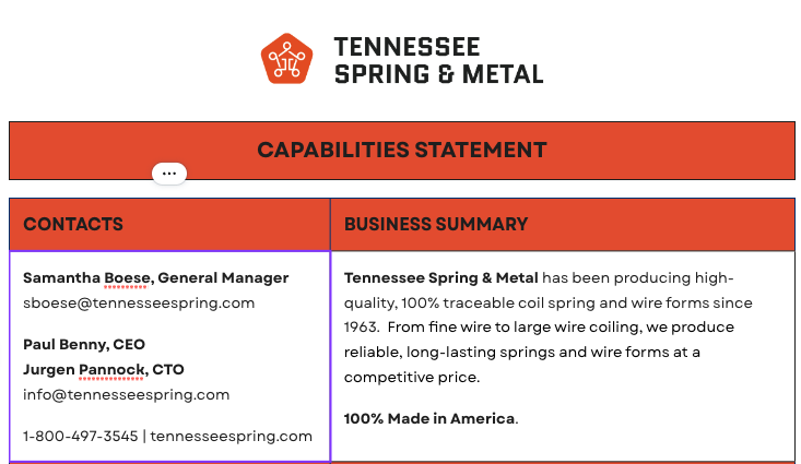 Capabilities Statement For Tennessee Spring &amp; Metal