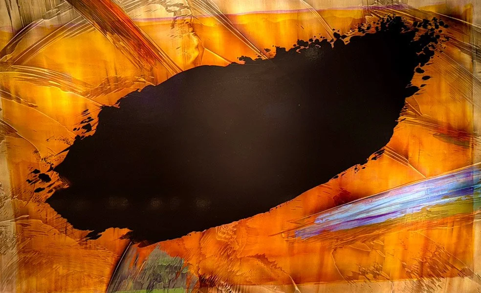 "Dark Thrust #3" acrylic on glass transferred to canvas 45" x 72"