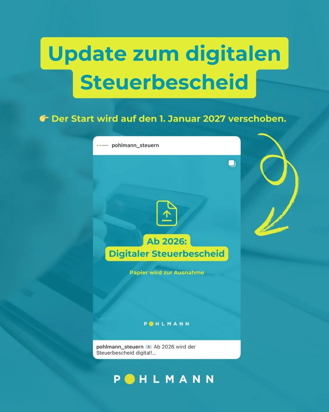📢 Update: Elektronische Steuerbescheide kommen erst 2027!

Urspr&uuml;nglich sollte ab 2026 jeder Steuerbescheid automatisch elektronisch zugestellt werden &rarr; das wurde jetzt auf 2027 verschoben.

👉 F&uuml;r unsere Mandant:innen haben wir berei