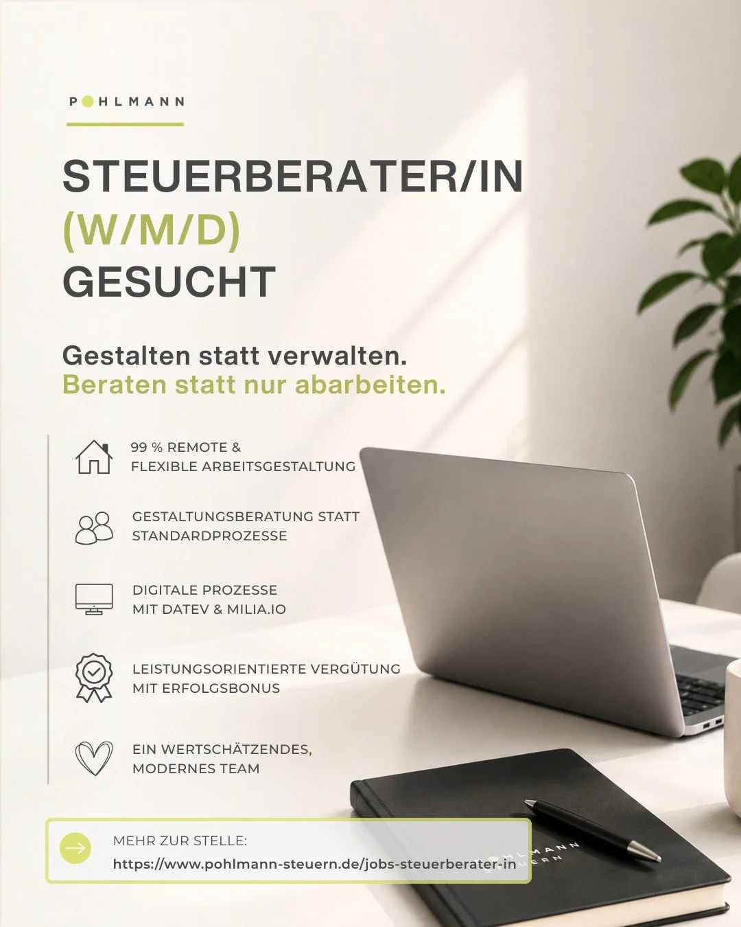 > Steuerberater/in (w/m/d) gesucht.

Du m&ouml;chtest nicht nur Jahresabschl&uuml;sse unterschreiben, sondern Unternehmen aktiv begleiten und steuerliche Gestaltung mitdenken?
 
Dann bist du bei uns genau richtig.

Was dich erwartet:
✔️ 99 % Remot