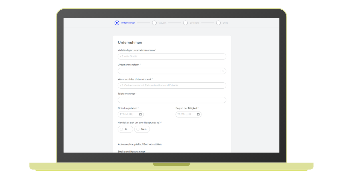 Laptop mit digitaler Mandatsannahme über die milia.io Plattform.