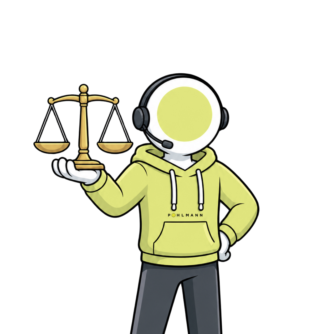 Illustration eines digitalen Assistenten mit Waage für steuerliche Rechtsprechung.
