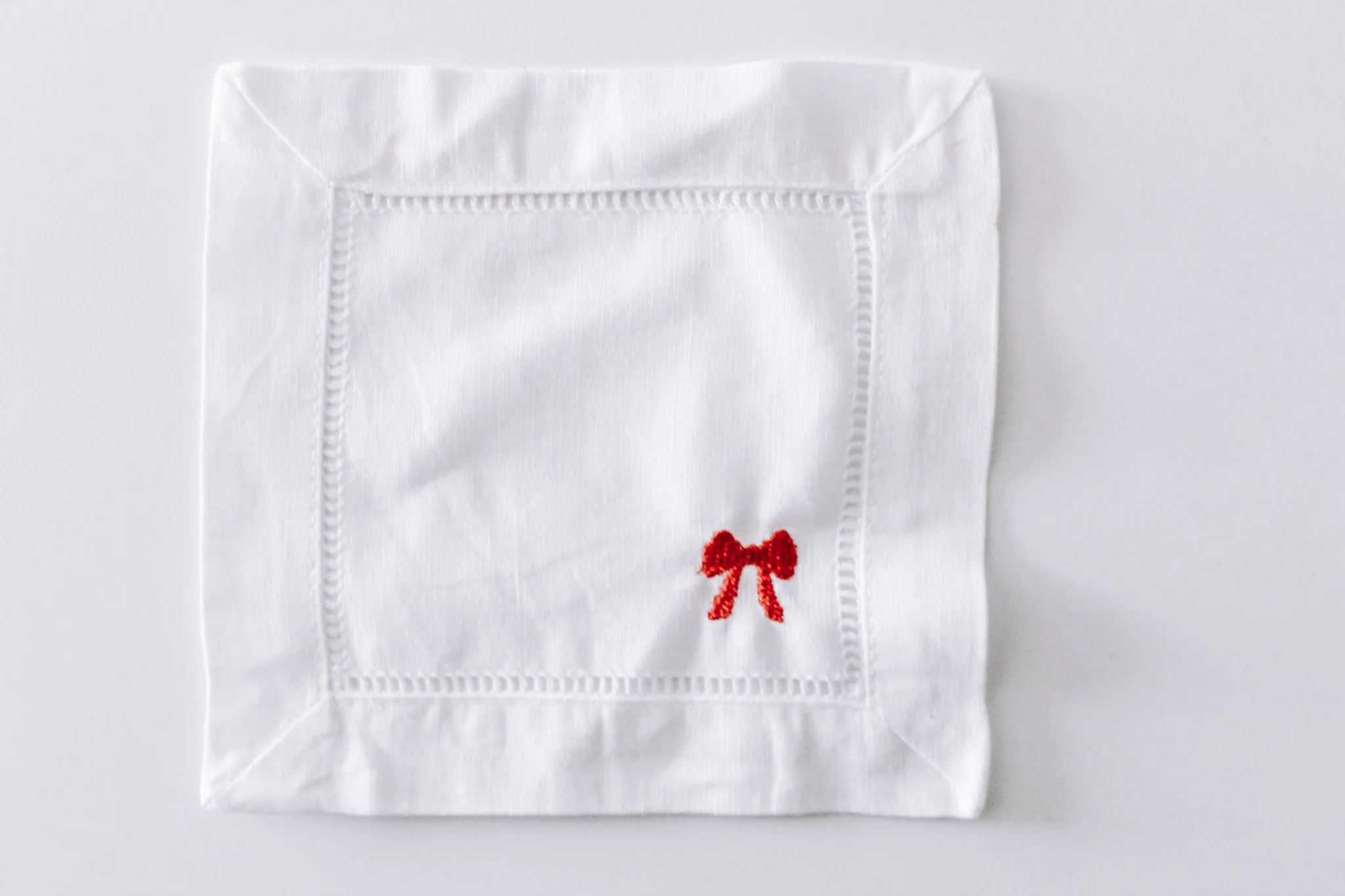 Embroidered Linen Christmas Bow Cocktail Napkins | Hostess Gift, Party Decor