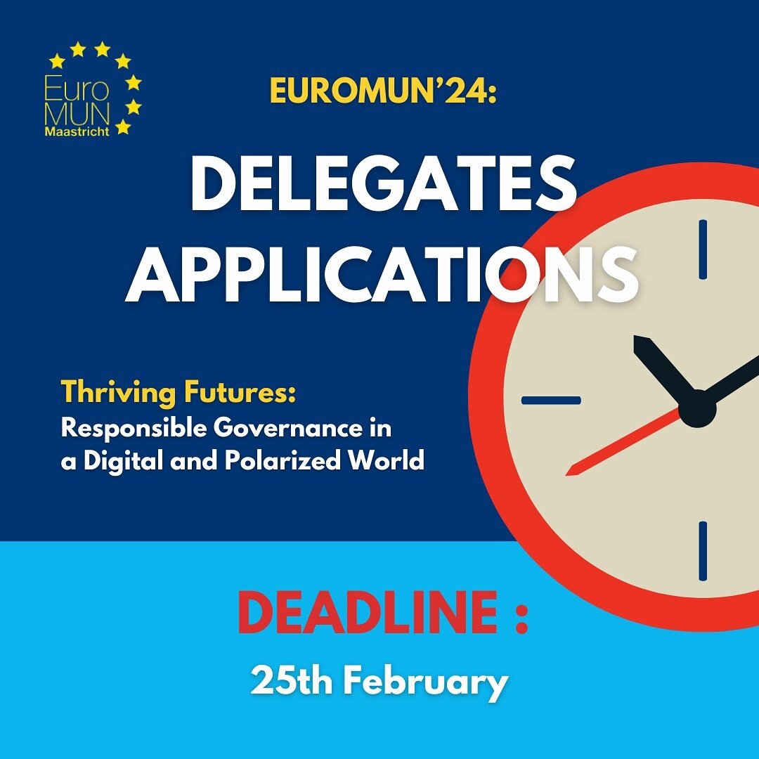 DEADLINE APPROACHING ⏰ 

Mark your calendars for the 25th of February as it is your last day to apply for delegates applications 💻 

Check MyMUN website to apply 🔗or our link in bio for more information🌟