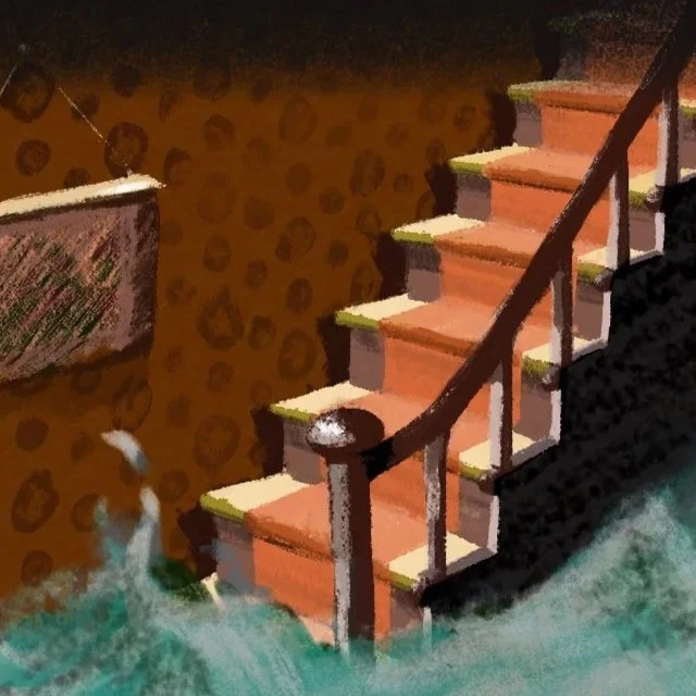 The stairs walked down into rushing water