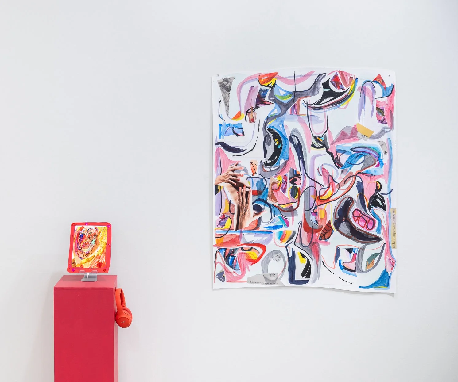 (Left) Drop Dead Gorgeous, time-lapse iPad drawing, paper, tape, 18 sec loop with “Glam” by Christina Aguilera (3:44), 12x9x5”, 2025 and (Right) Falsehoods, watercolor and collage on paper, 51x42”, 2019/2026