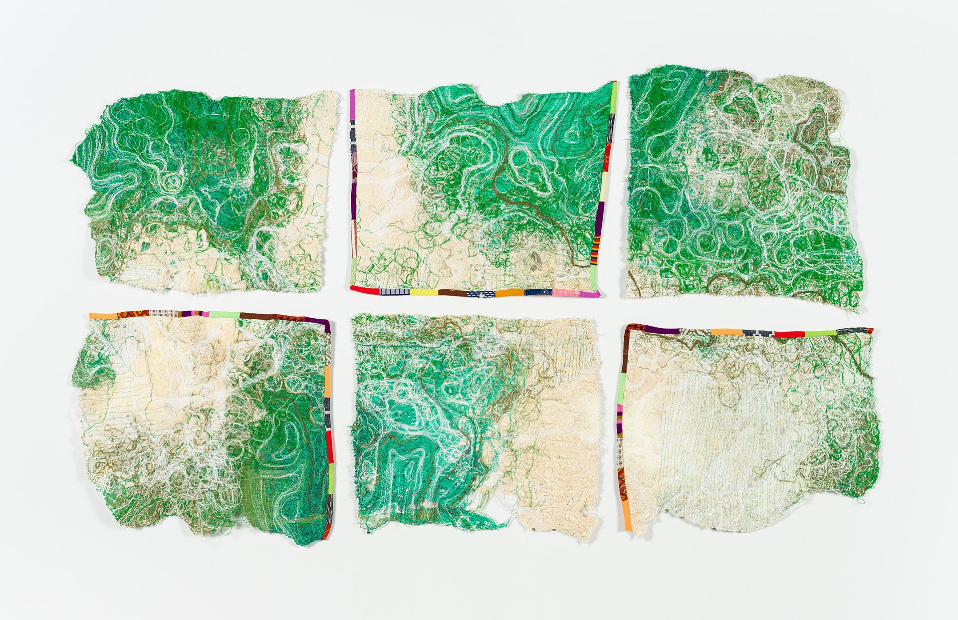 Inland Surveying, Fiber: free motion stitching, found quilt border, 39" h x 67" w, 2021
